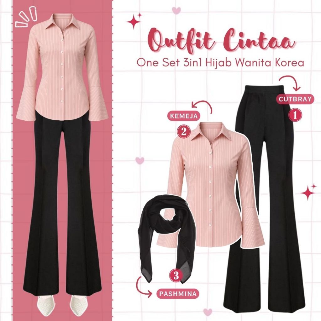 One Set Wanita Kekinian Bella Square & Kemeja Stripe Pink Korea & Celana Cutbray Scuba Hitam 50A