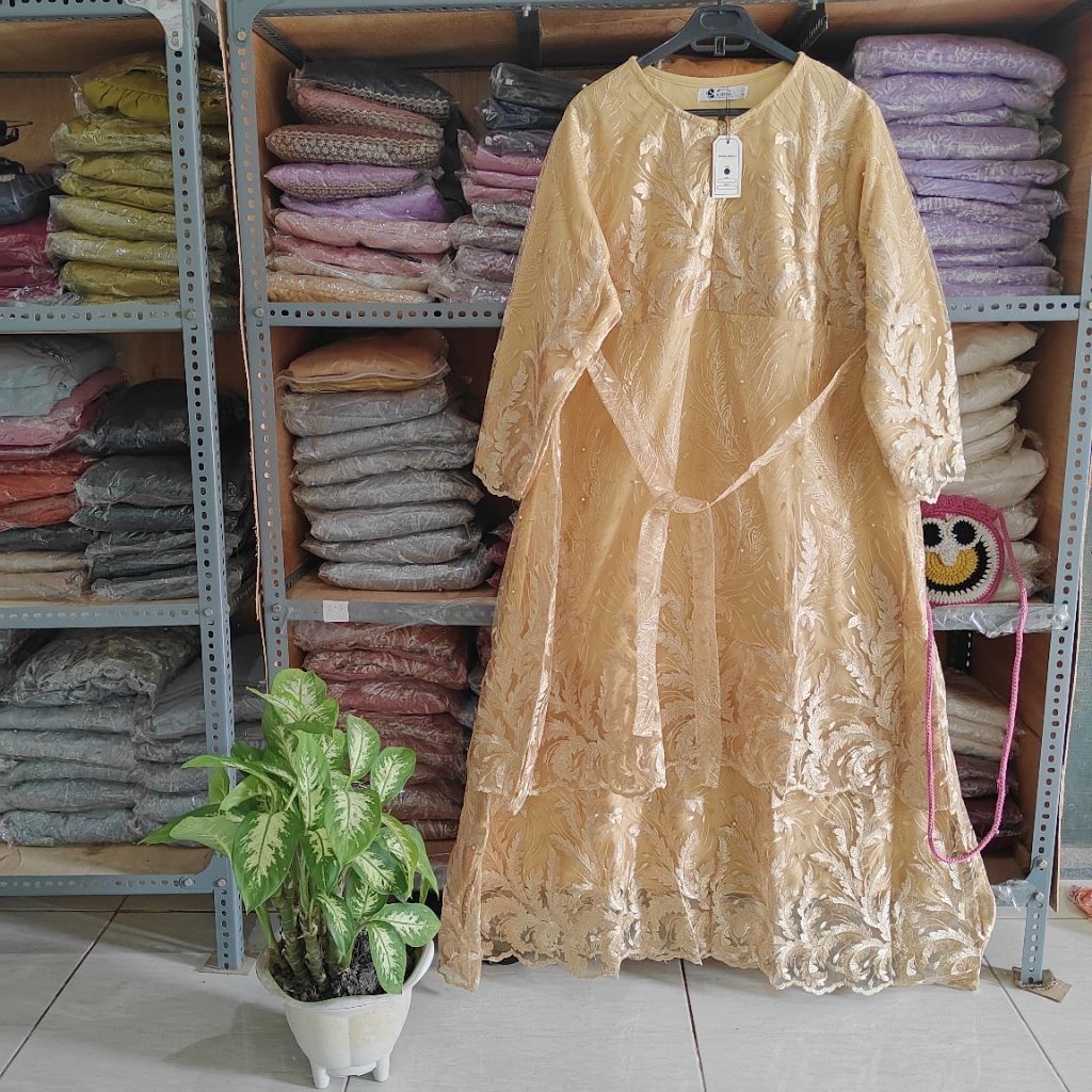 Dress Brokat Jumbo LD 125 Model Susun Malaysia Bahan Brukat 3D Tile Glitter Variasi Mutiara Gamis Br