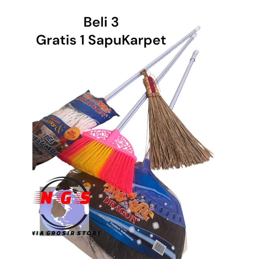 Paket  Hemat Beli 3 Gratis Sapu Karpet ( Sapu Lantai Sapu Ijuk Pel Lantai )