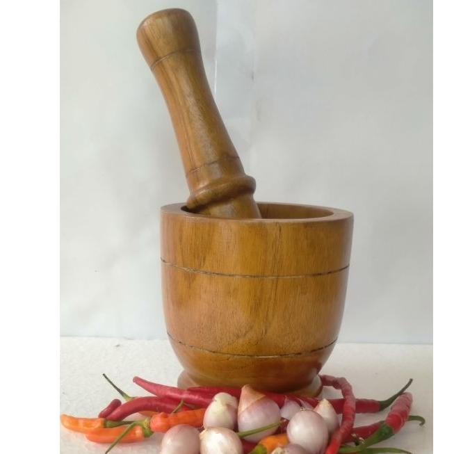 lumpang dan alu penumbuk bumbu kayu jati asli food grade