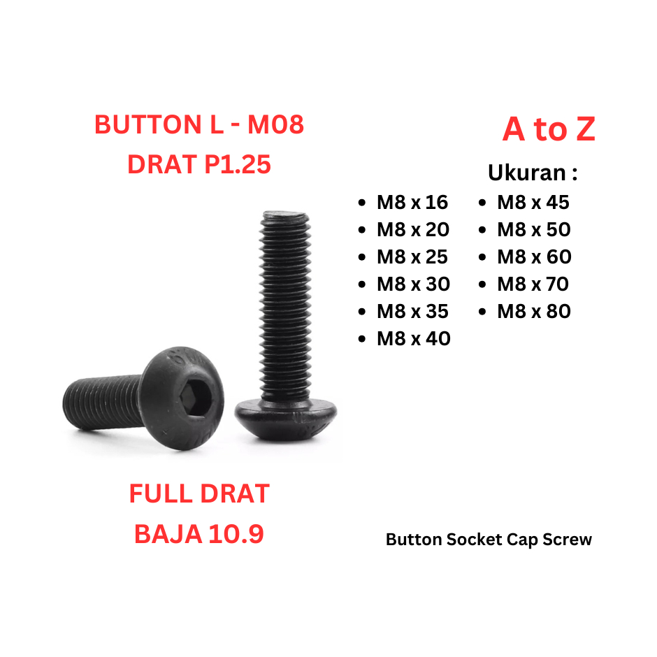 Button L Baja 10.9 M8 x 16 / 20 / 25 / 30 / 35 / 40 / 45 / 50 / 60 / 70 / 80 - P1.25 Hitam Full Drat