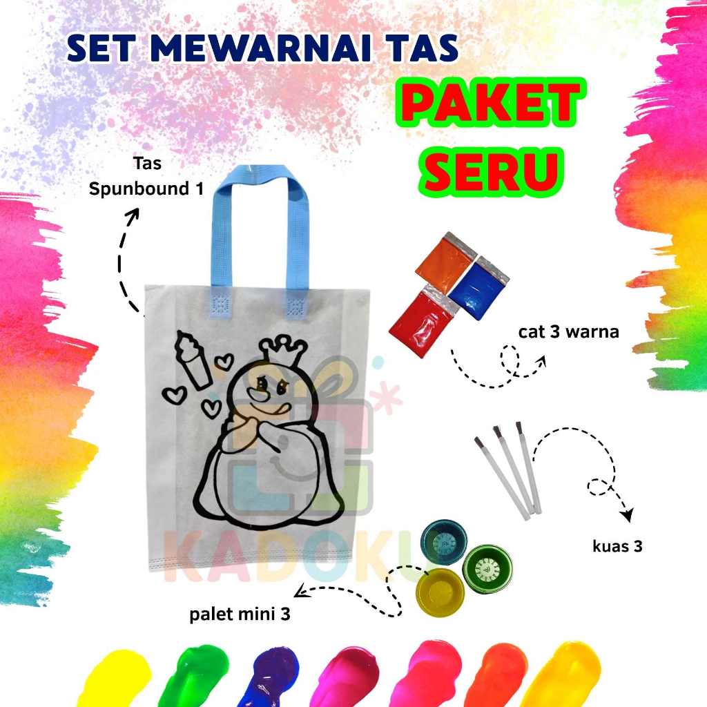 

KADOKU Set Mewarnai Tas Spundond - Paket Hemat 3 - cat 3 - kuas 3- Paket Melukis Anak - Souvenir Ulang Tahun - Hampers Anak - Set Mewarnai Tas Paket Seru Cat Mini 3 Kuas