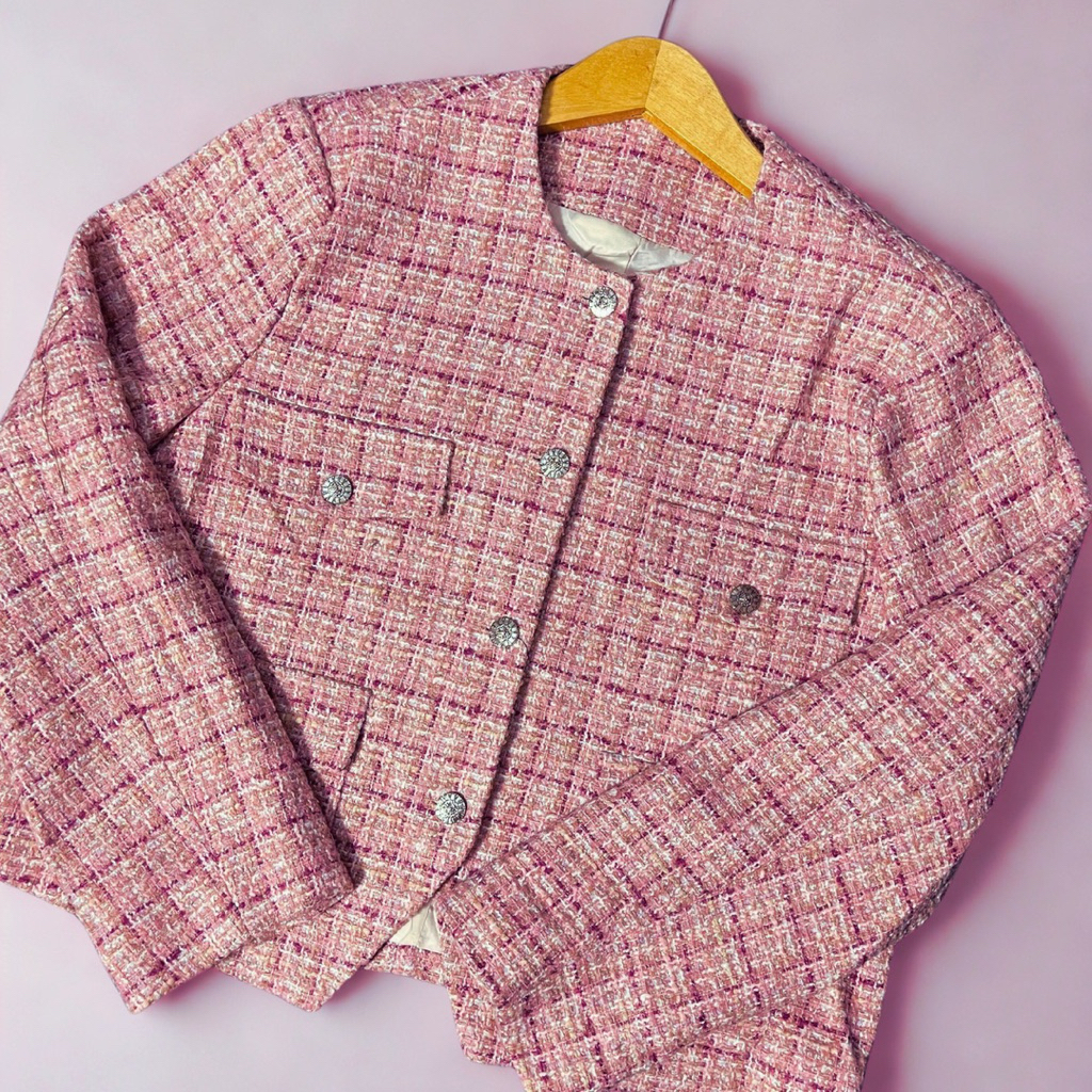 Blazer Tweed Crop Pink Tartan Big Size Korean Look - Lunaria.wear