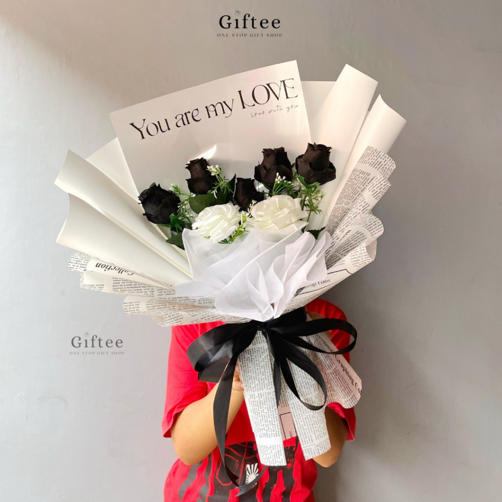 BUKET BUNGA JADE ROSE MAWAR HITAM PUTIH ARTIFICIAL PALSU BUATAN KOREAN STYLE FLORIST