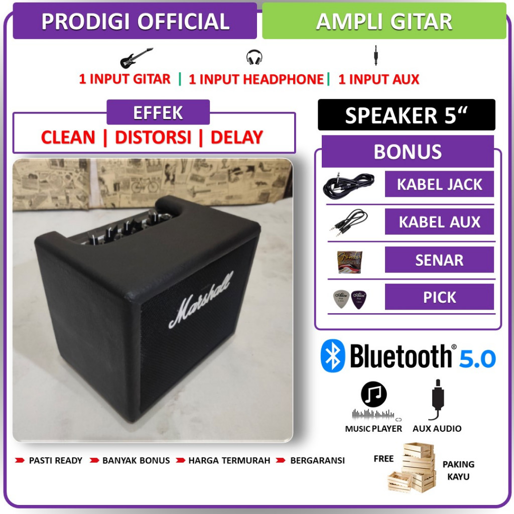 Ampli Gitar & Bass 5 Inch ada bluetooth & efek distorsi & efek delay marshall 2 Input Bonus Kabel Ja