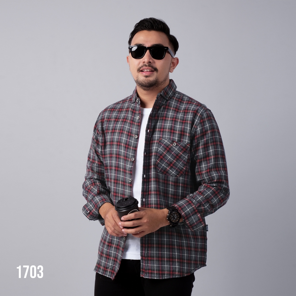 PAKAJI Fashion Kemeja Flanel Lengan Panjang Kotak Merah Abu garis Putih 1703