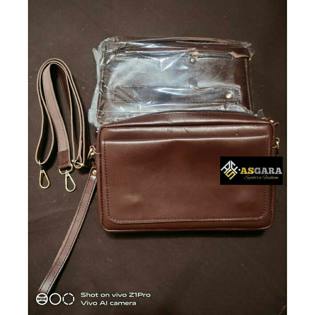 Tas kulit asli Asgara Garut slingbag handbag clutch leather Tas pria elegan Tas tangan kulit sapi as