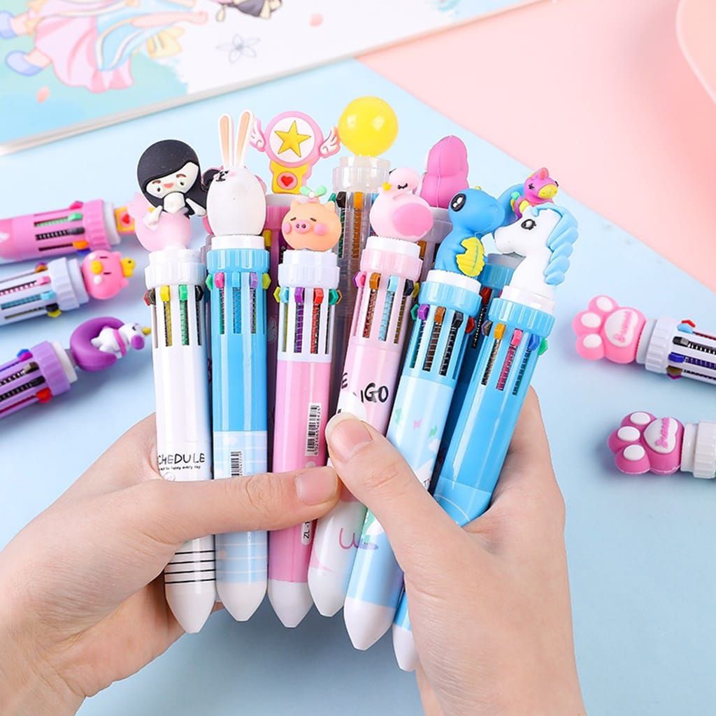 

( sss.fashion3 ) PULPEN 10 WARNA Motif KARAKTER MIX DINO UNICORN coklat bear putih | pen bolpoin alat menulis