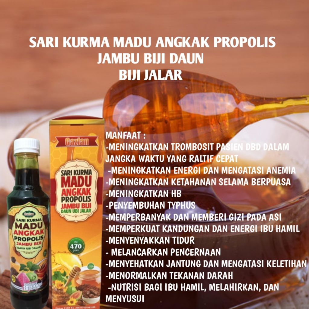 

Sari Kurma Madu Angkak Gazlan Plus Propolis Jambu Biji dan Daun Ubi Jalar