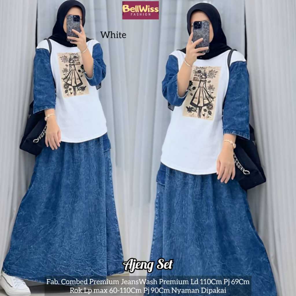 Setelan Wanita Kekinian Ajeng Set OOTD Kaos dan Rok Jeans Maxi