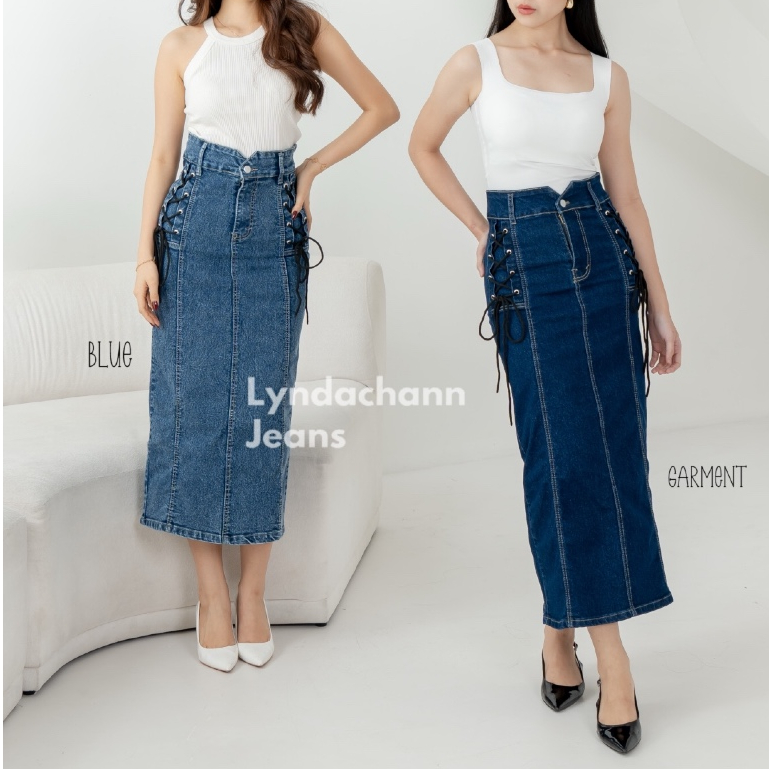 LYNDACHANN - Riyu Rok Jeans Tali Panjang Bawahan Wanita Premium Rok Span