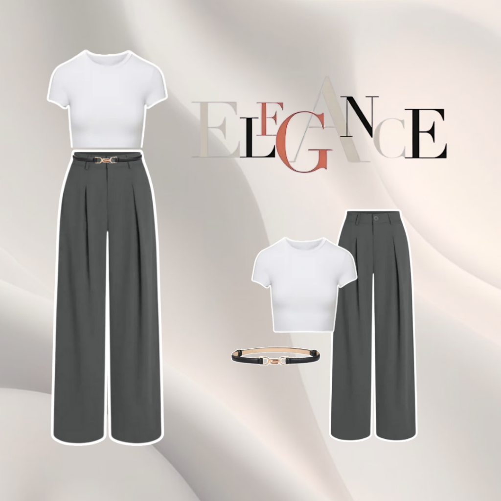 Outfit Simple Wanita | Crop Top Putih Celana Jennie Abu Ikat Pinggang | One Set 3in1 Kece OJ90