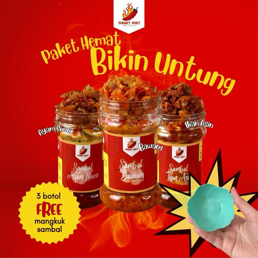

RAWIT RIOT - [PAKET HEMAT BIKIN UNTUNG] 3 Botol FREE Mangkuk Sambal Bawang, Sambal Ayam Suwir, Sambal Ikan Asin 130gr Sambel Botol Siap Saji