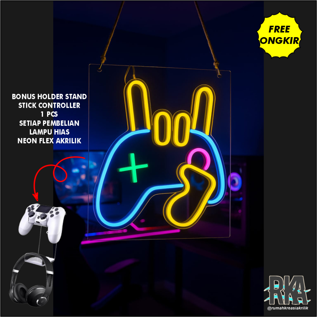 Lampu Neon Flex Akrilik Gantung – Dekorasi Kamar Gaming Estetik Bentuk Stik PS Rock On