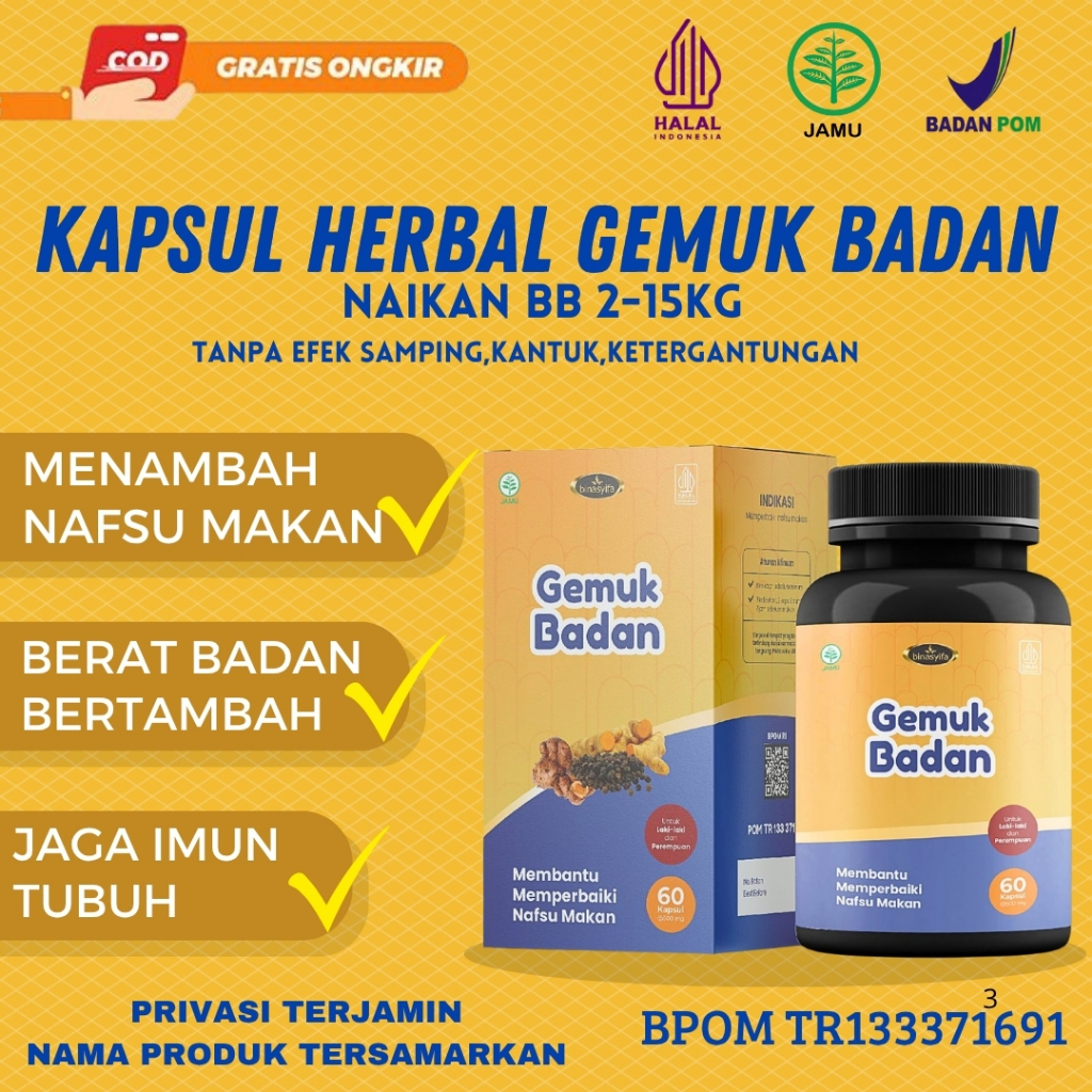 Obat Penggemuk Badan Herbal Aman | Berat Naik Cepat 7 Hari Binasyifa Herbal Gemuk Badan 60 Kapsul