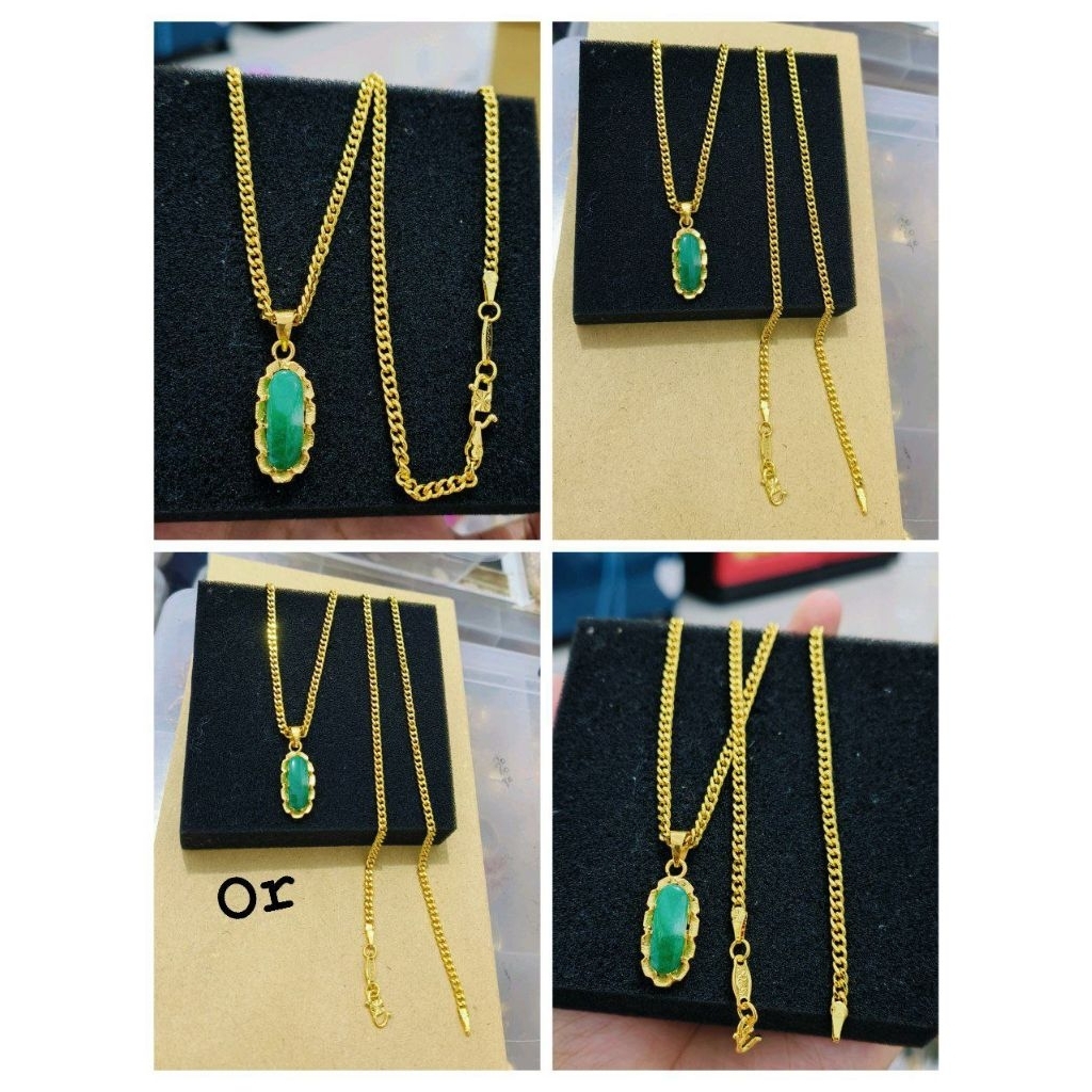 kalung rantai susun sirih liontin batu hijau lapis emas 24k