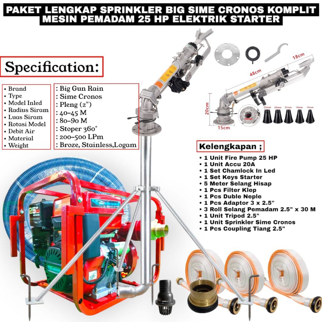 Paket Sprinkler Sime Cronos Komplit Selang 150M Komplit Mesin 25HP Elektrik Starter  Bensin Murni