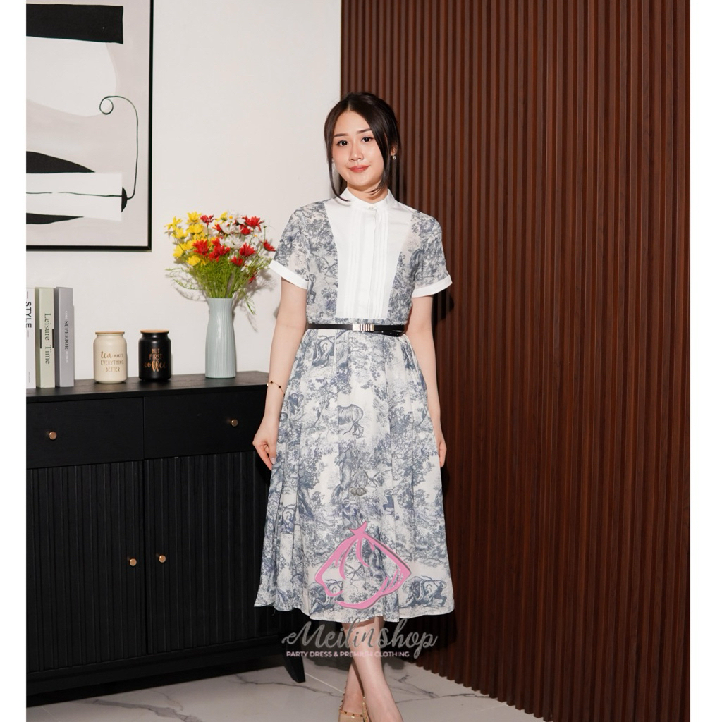 Blue Ceramic Midi Dress Mewah/ gaun biru putih party casual/Gaun Kondangan/Casual/Gereja Korean Styl