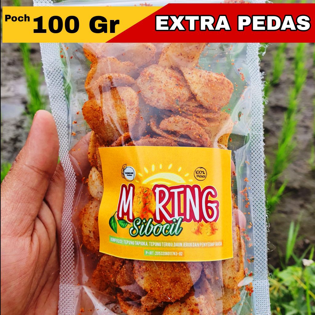 

Keripik pedas Moring Sibocil EXTRA PEDAS 100 gr poch aroma Daun Jeruk basreng Moring Garut molring