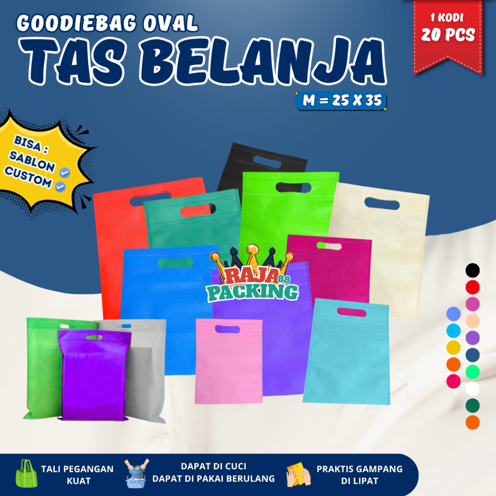 

Goodie Bag 1KODI 20PCS Tas Belanja OVAL 25X35 Polos Warna Warni 75GSM Kantong Totebag Spunbond Tas Souvenir Berkat Hajatan Ultah Anak