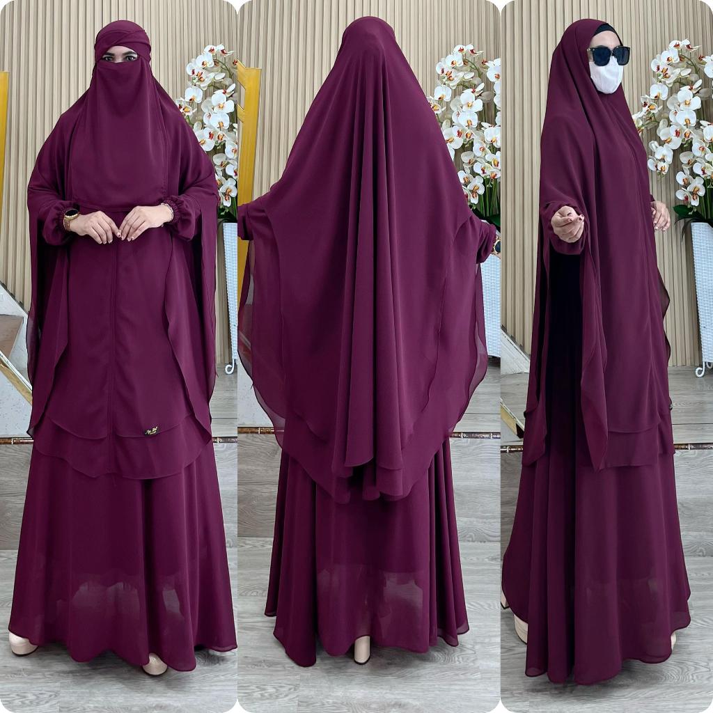 AJE ZAS - Gamis Syar'i Jumbo WASIMA TANPA PET Bahan Ceruti BabyDoll Set Hijab Dan Cadar Umroh Haji
