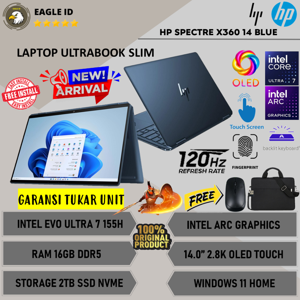 HP Spectre X360 14 Intel Evo Ultra 7 155H Ram 16GB DDR5 2TB SSD 14'' OLED Touch Windows 11 Original