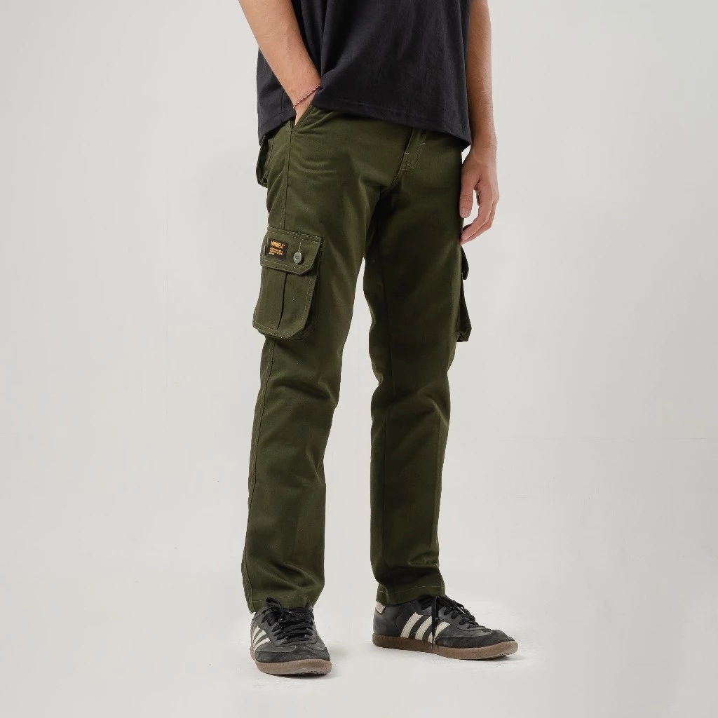 Polban Celana Cargo Panjang Pria Slim Straight Bahan Full Cotton Warna Army