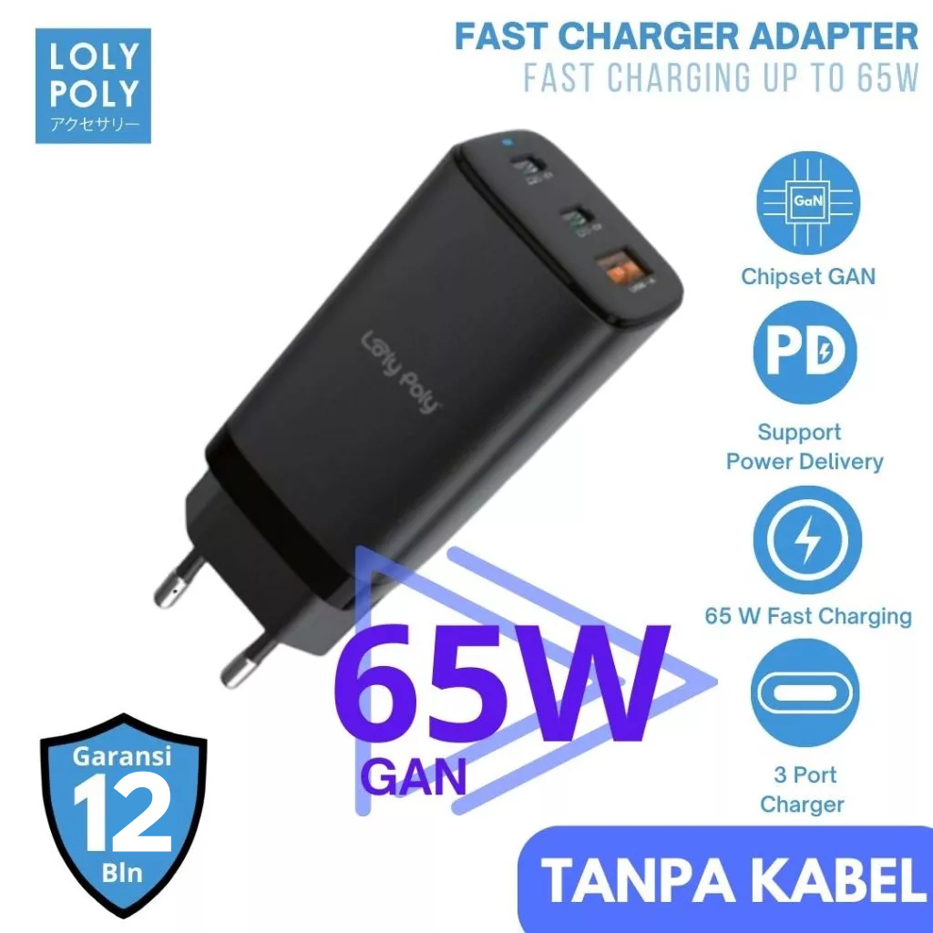 Lolypoly Home Charger Lolypoly 65W Gan Fast Charger dengan 3 port charger