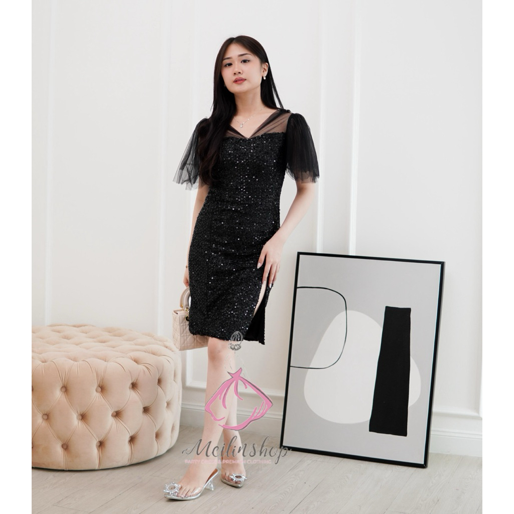 Lace Blink Dress Korea Pesta Mewah Mini Dress Pendek Artis Hitam/Maroon/Mocca/Dusty Blue/Dusty Pink 