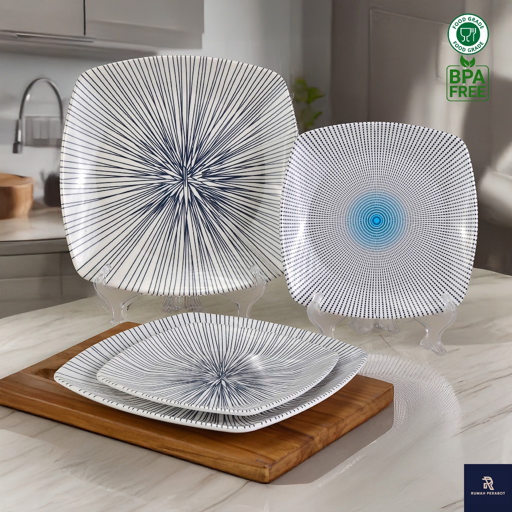 [CUCI GUDANG] Piring Melamin Persegi Motif Garis Piring Saji Kue 7/8/9 inch Mewah Elegan Piring Kue