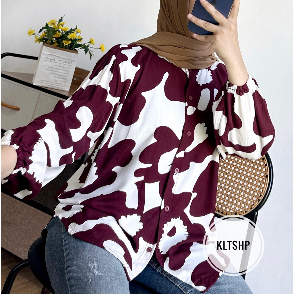 Fauna Blouse Balon Motif Rayon Premium Lengan Panjang Baju Wanita Bunga Abstrak K1193