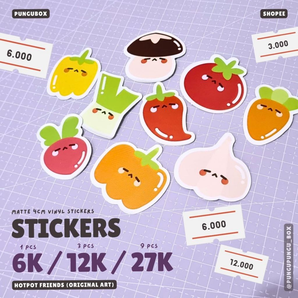 

Sticker Vinyl 4cm Hotpot Friends Sayur Vegetable Tomato Garlic Carrot Mushroom Pumpkin Radish Negi Paprika Chili Tomat Bawang Putih Wortel Jamur Labu Lobak Daun Bawang Pepper Cabe