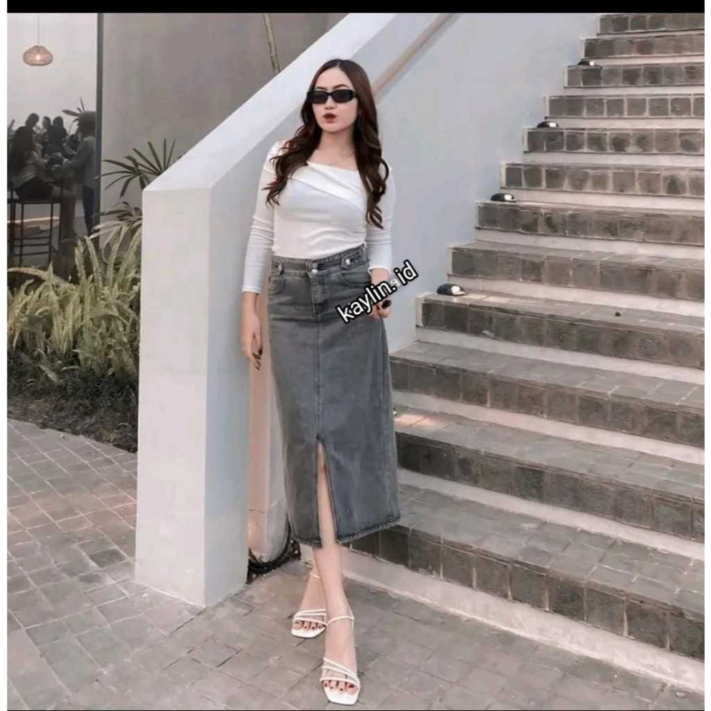 KAYLIN.ID Highwaist Rok Jeans Melar Panjang 7/8 Belah Depan Doubel Button Seventyn Skirt