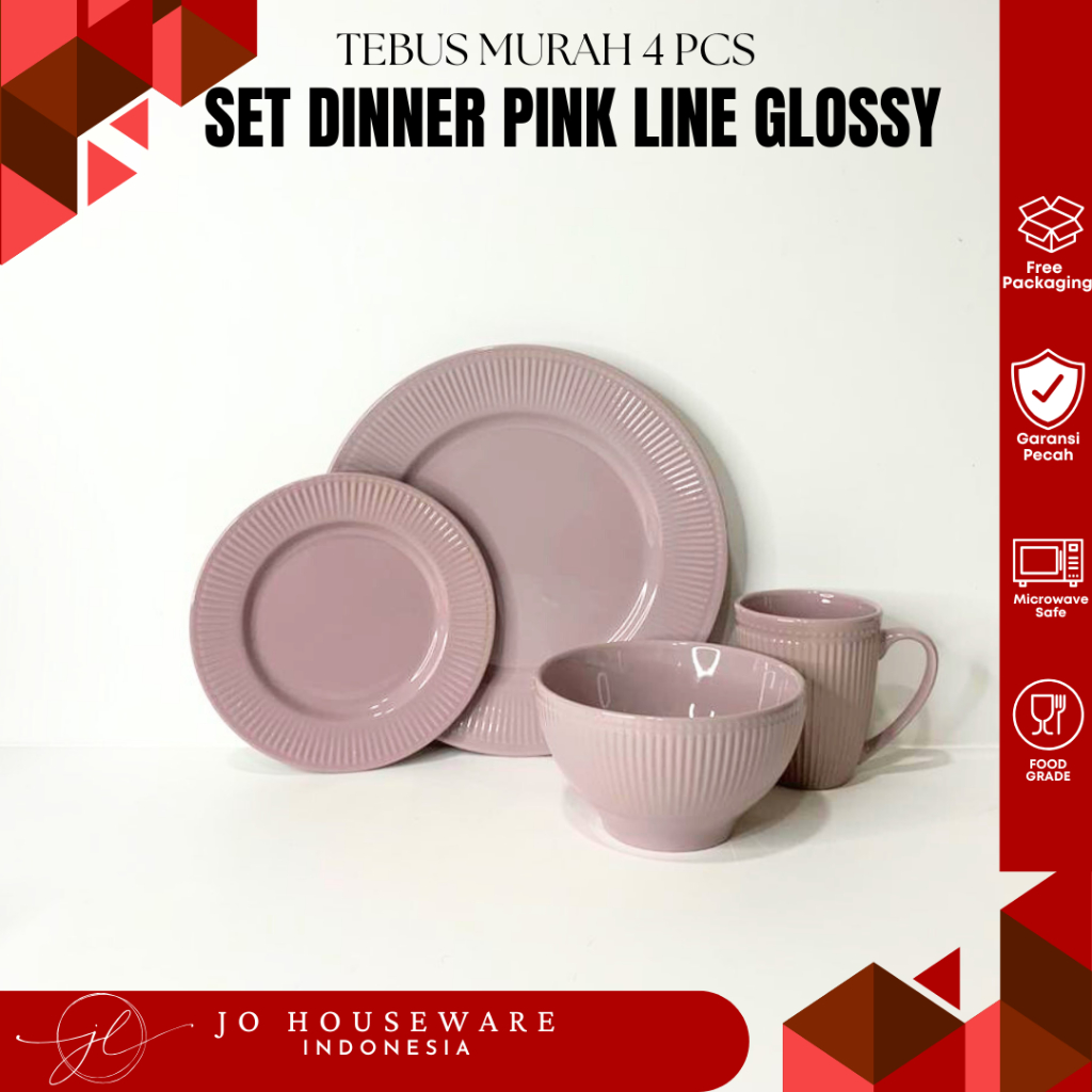 SET 4 PCS Set Dinner Soft Pink Line Glossy Keramik Premium Unik Japanstyle Serbaguna JJ487