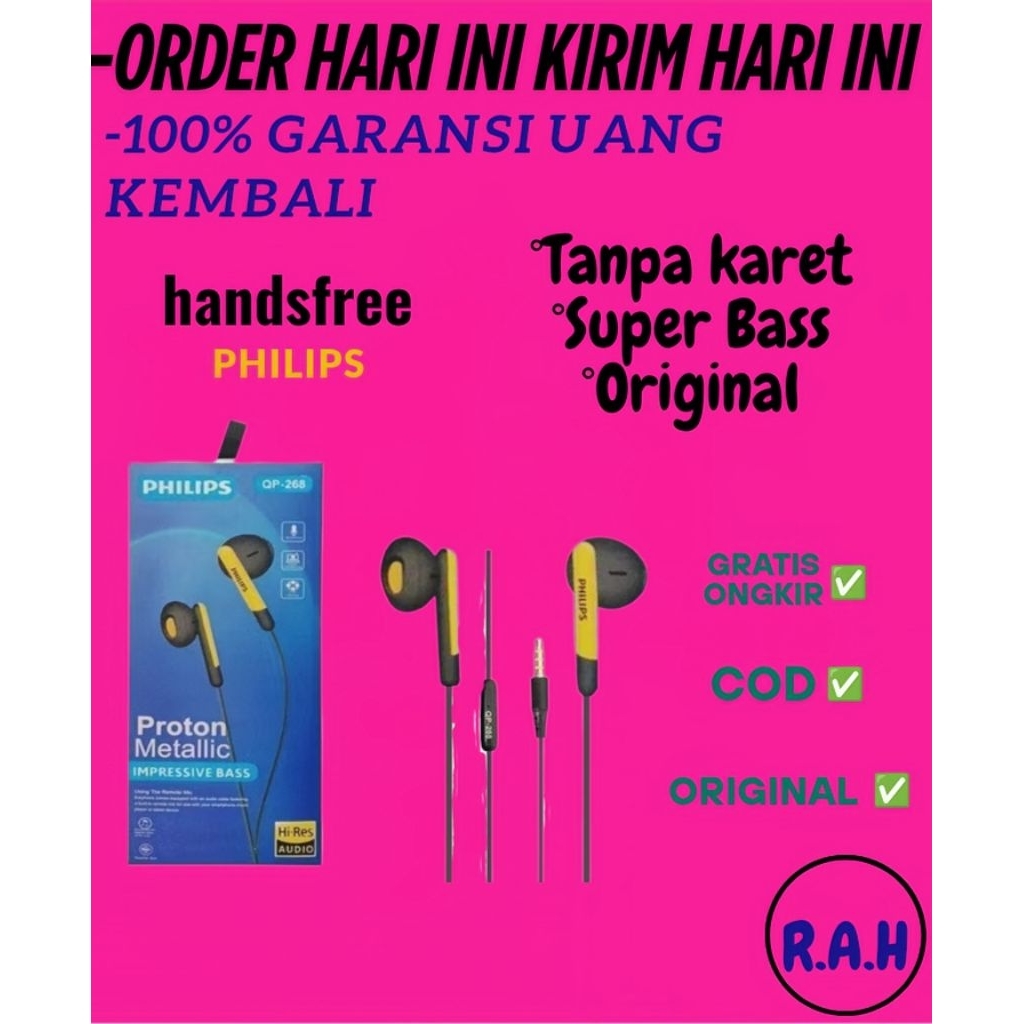 Headset Handsfree Philips HF Philips PH 268 Tanpa karet Viral Super bass