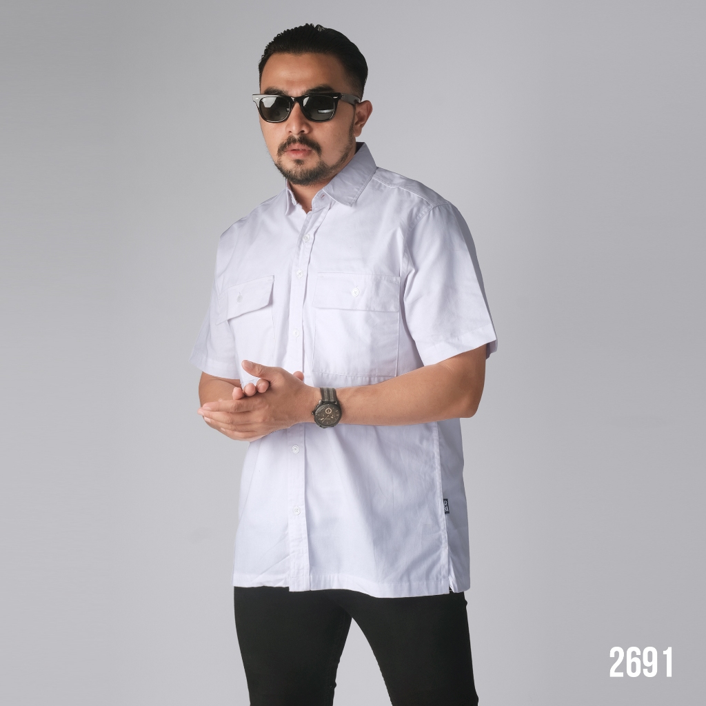 PAKAJI Kemeja Polos Putih Double Pocket Pendek Katun twill 30s Premium Workshirt Kemeja Kerja Putih 