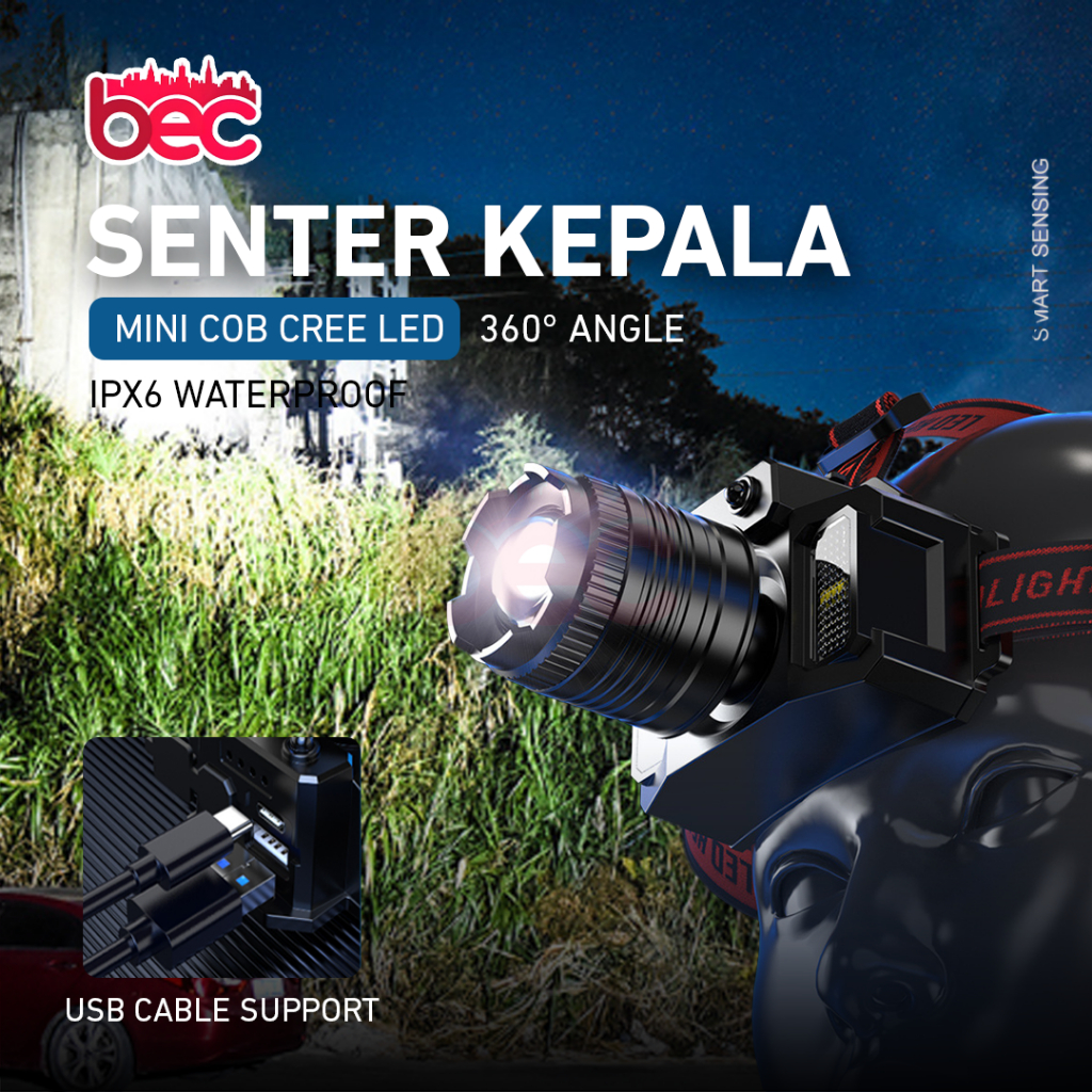 [BEC] Lampu Kepala LED | Senter Kepala Super Terang 5000 Lumen Pengisian USB-C 6 Mode Cahaya Lampu