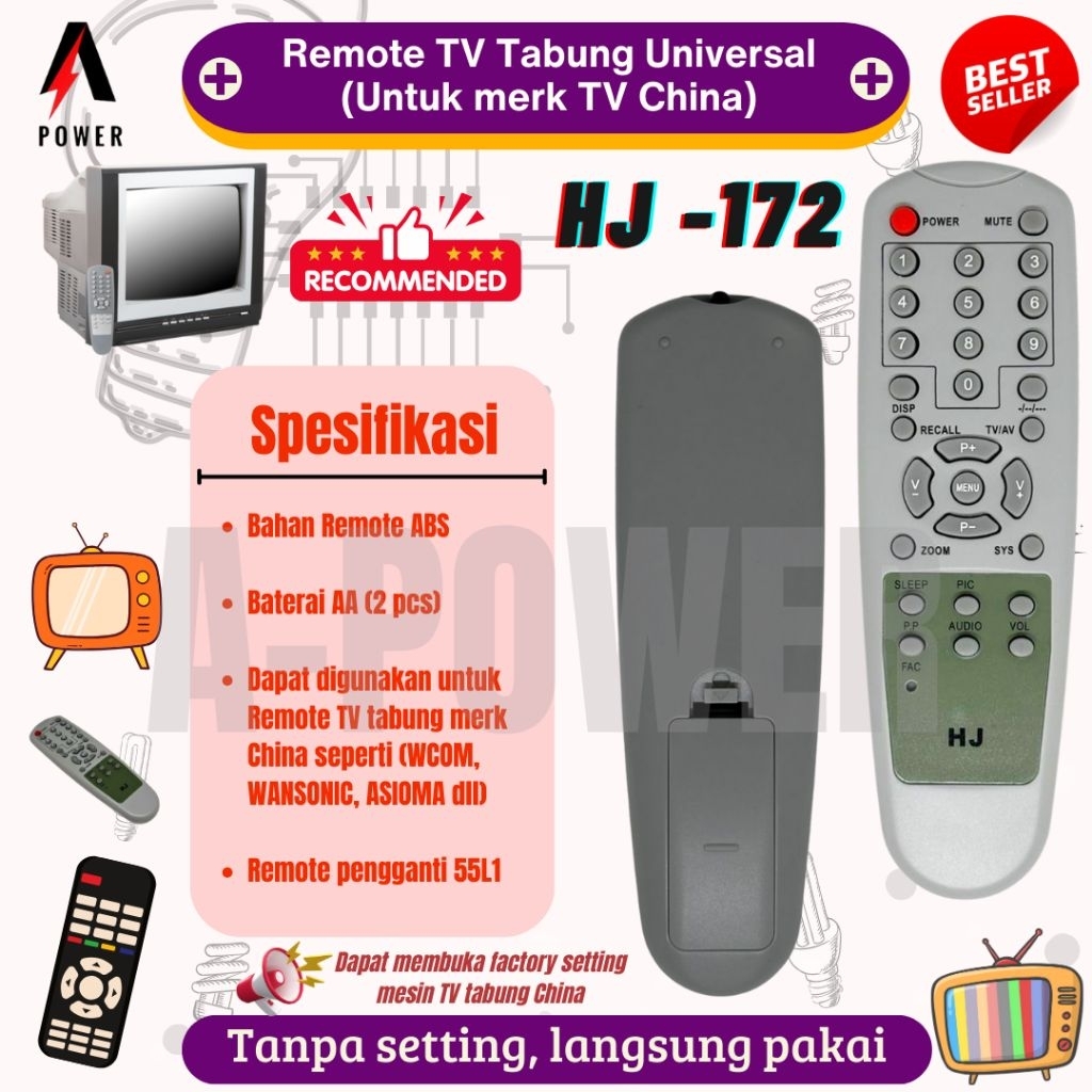 Remote TV Tabung Universal / Multi - Ganti Mesin 55L1 (khusus TV China / Cina) | HJ-172
