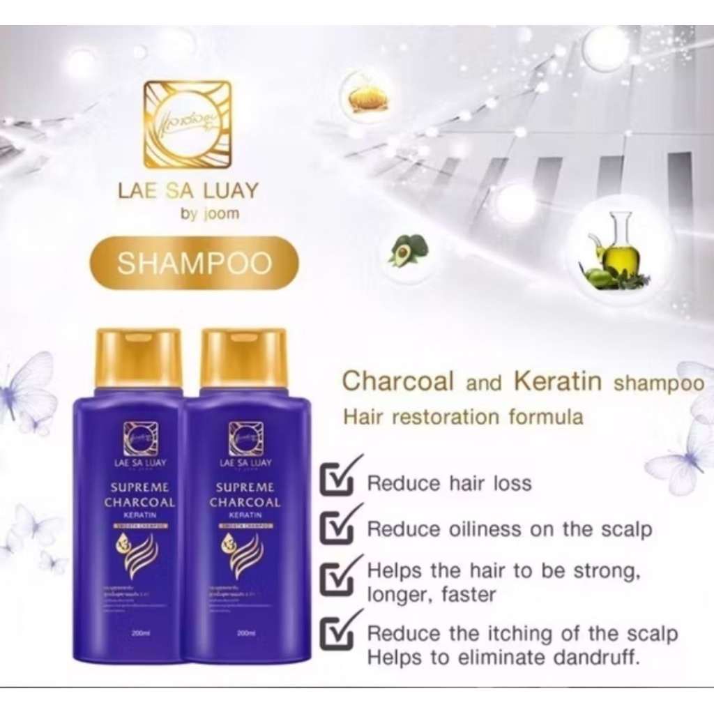 Temukan Lae Sa Luay Supreme Charcoal Keratin Smooth Shampoo 200ml | TnT Beauty Shop seharga Rp69.001