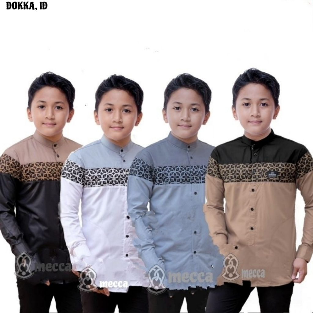 DOKKA ID Baju Koko Anak Laki-Laki Lengan Panjang Baju Koko Kombinasi Batik Baju Koko Putih Bisa COD