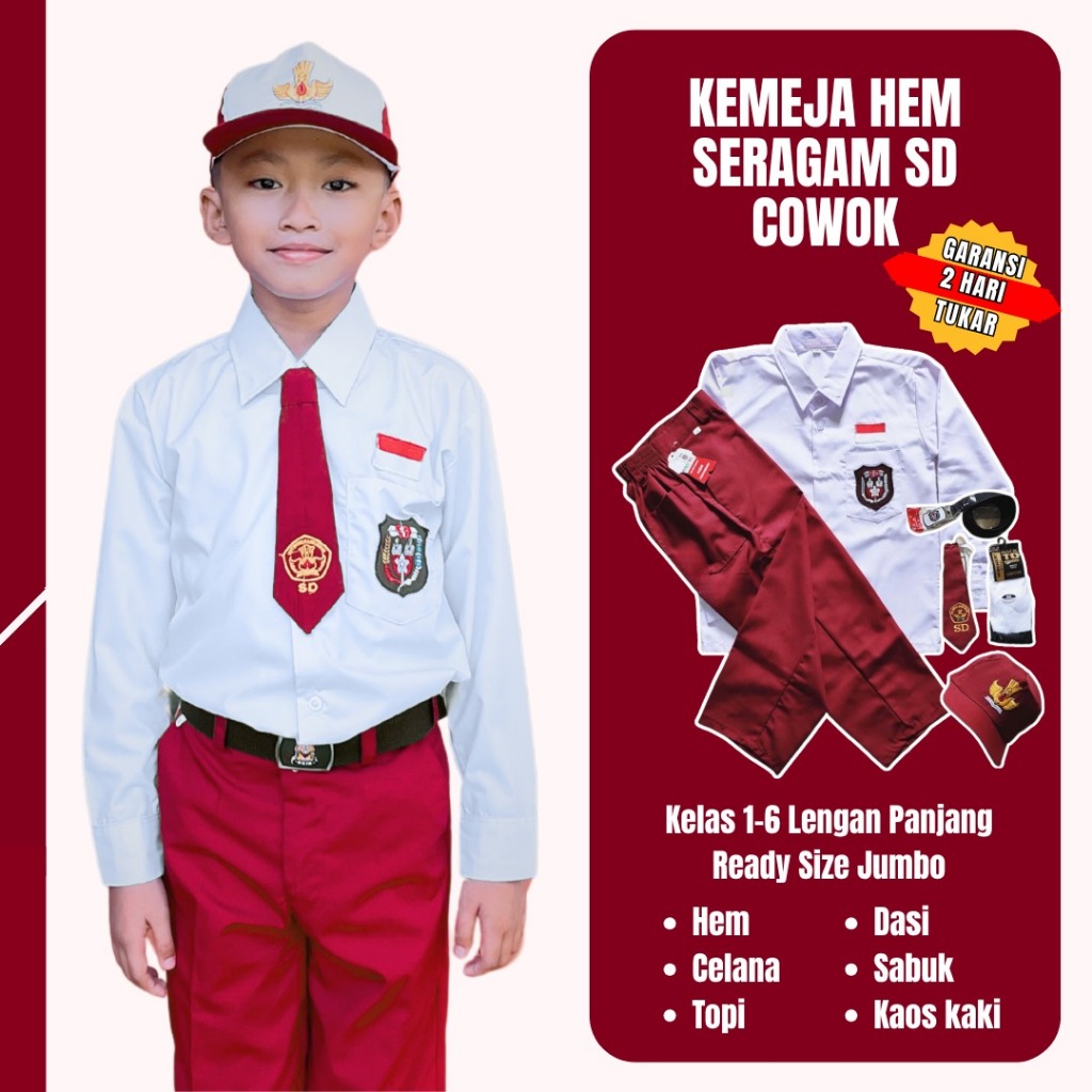 Baju Seragam Sekolah Sd Lengan Pendek & Panjang Atribut Lengkap Bet Bendera Merah Putih + Topi + Das