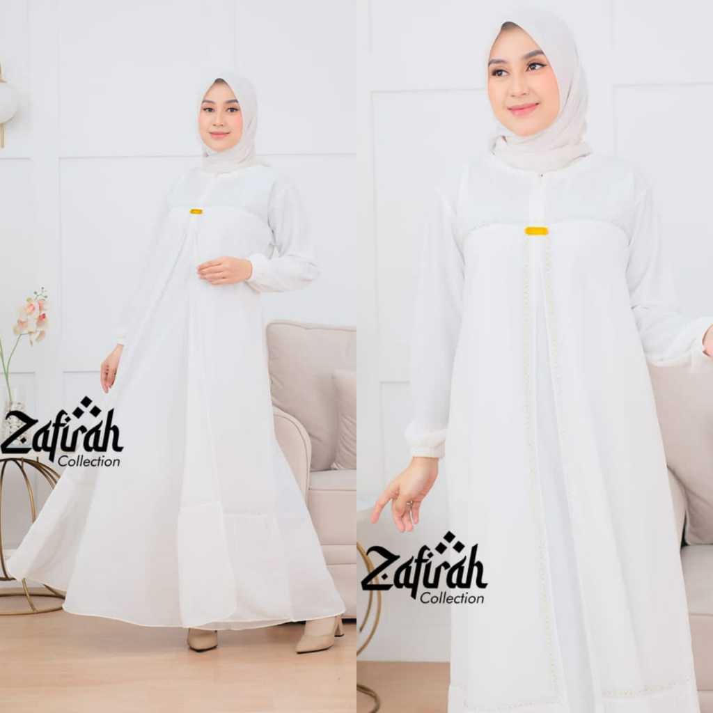 Gamis Wanita Abaya Premium Fateena Dress Ceruty Swarovsky Warna Putih Perempuan Mewah Elegan Busui