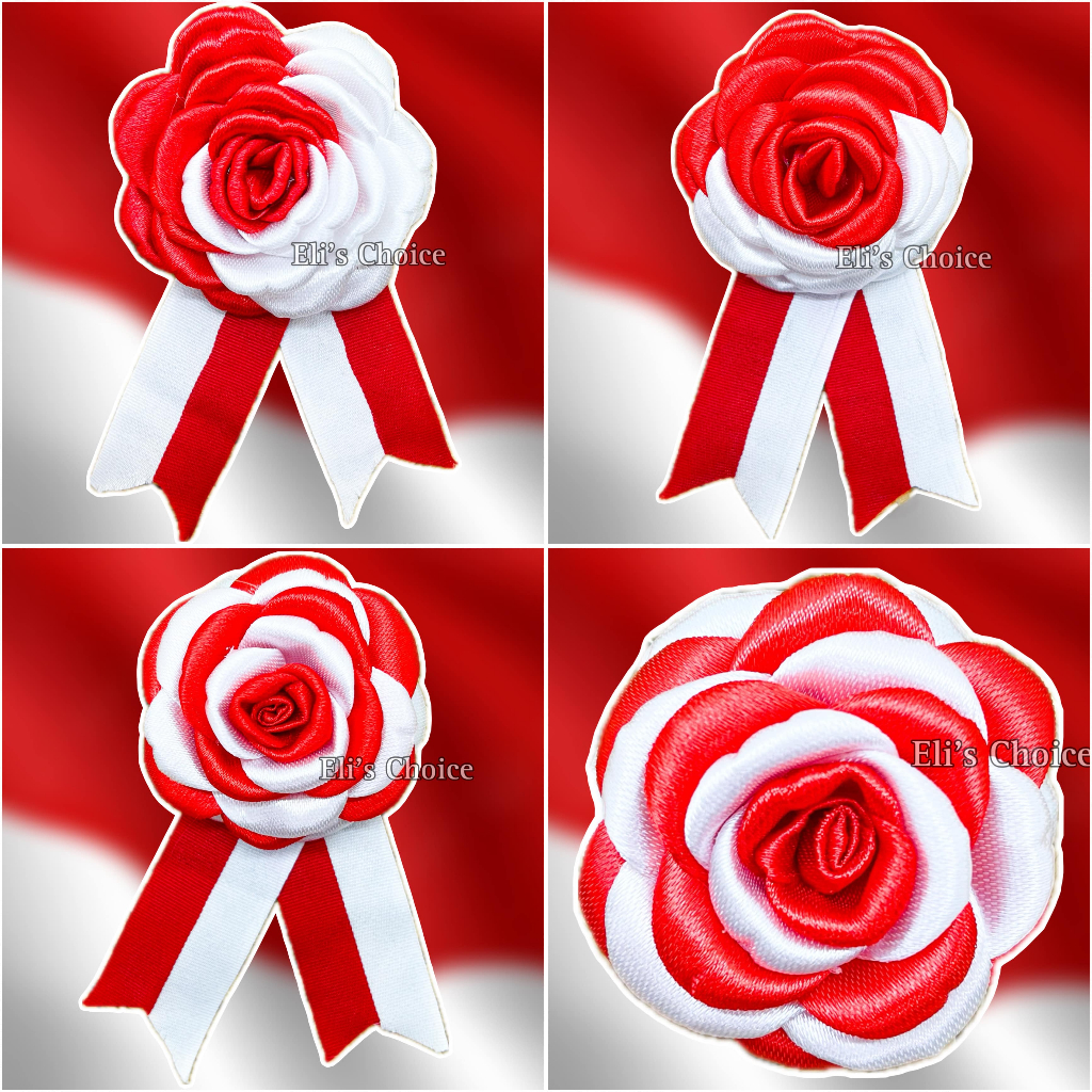 Bros Pita Bunga Merah Putih Bahan Kain Satin PREMIUM Bros Peniti Pin Bunga Bendera Indonesia