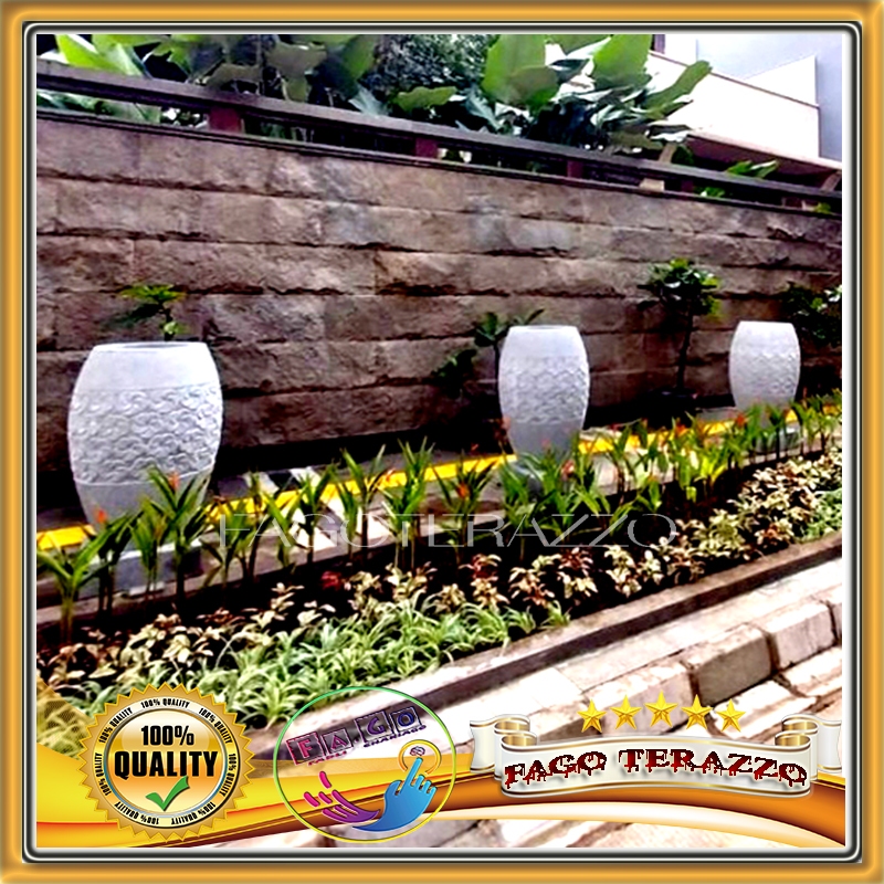 Pot Teraso Gendang Ukir Bunga Terazzo Handmade Tanaman Pohon