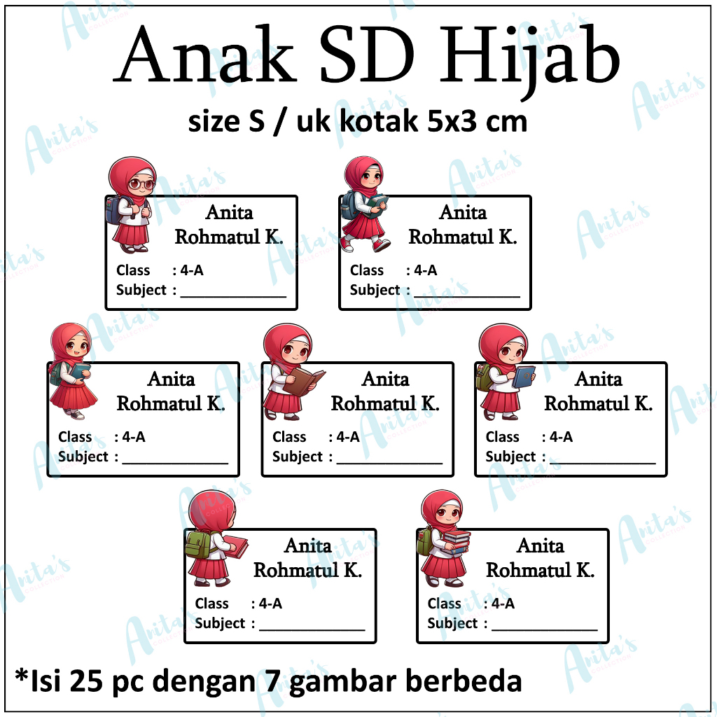 

25pc STIKER NAMA BUKU PELAJARAN ANAK SEKOLAH tema SD HIJAB | size S / 5x3 cm | CUSTOM