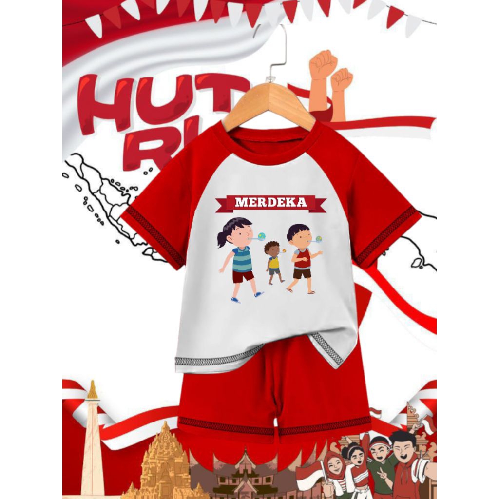 SETELAN KAOS ANAK-ANAK AGUSTUS GAMBAR LOMBA KELERENG KEREN SABLON DTF WARNA KOMBINASI