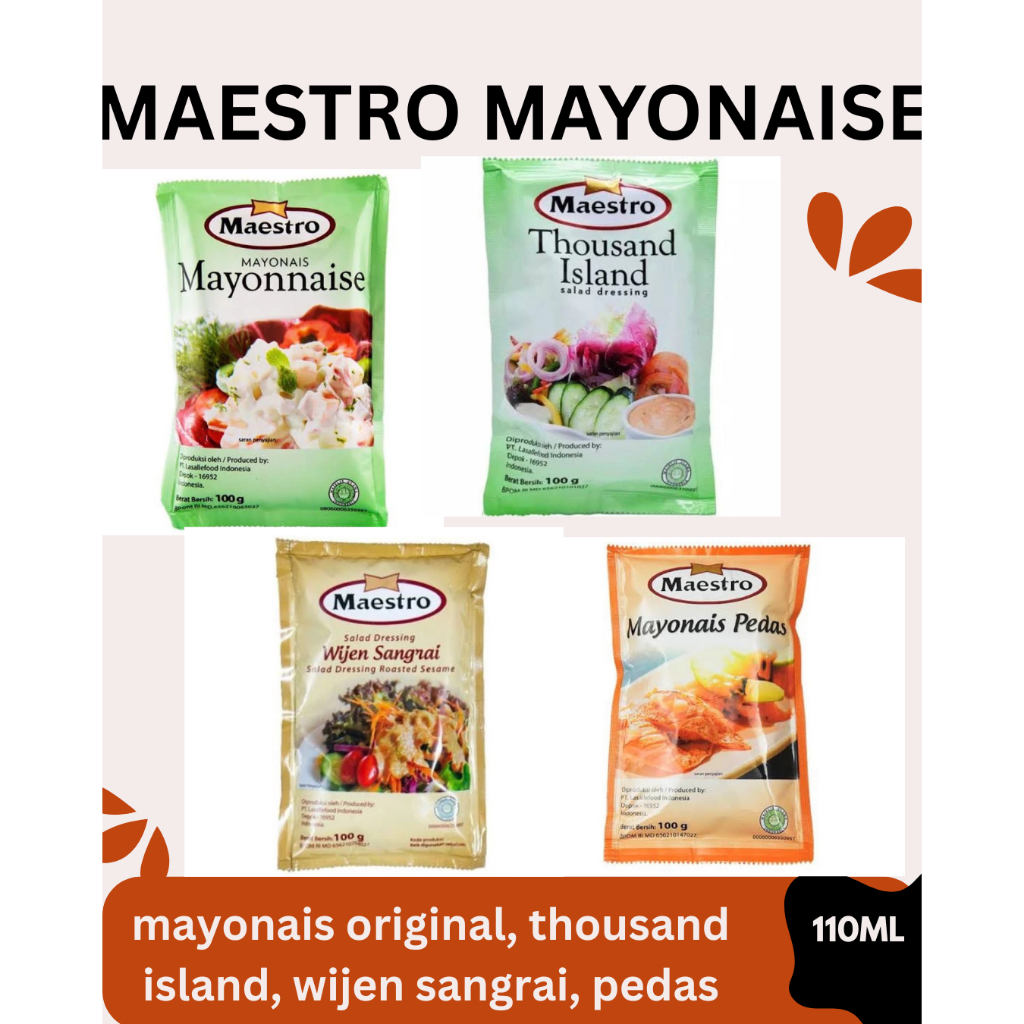 

Maestro Mayonnaise Sachet 100 Gr Rasa Original thousand islan wijen sangrai pedas