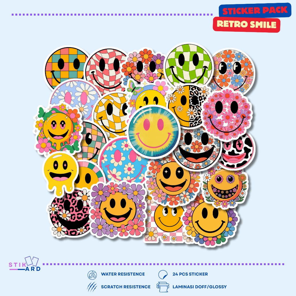 

Stiker Retro Smile | Sticker Pack Laptop Tumbler Helm Koper - Bahan Vinyl Waterproof