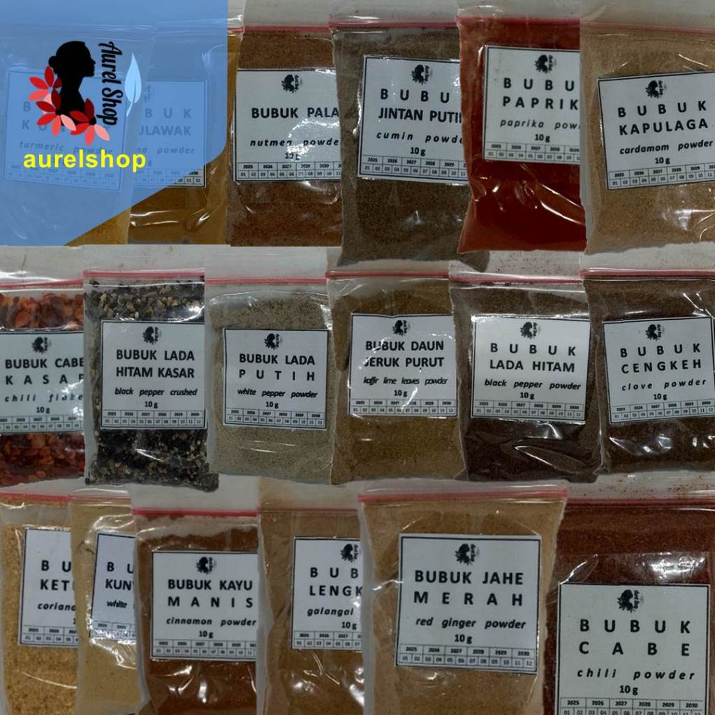 

Bubuk Rempah / Bumbu Dapur Kering kemasan Sachet @10 gram (Ketumbar-Kunyit Putih-Kayu Manis-Lengkuas-Jahe Merah-Cabe-Cabe Jawa-Kapulaga Putih-Paprika-Jintan Putih-Pala-Masohi-Temulawak-Kunyit-Lada Putih-Lada Hitam-Cengkeh-Ebi)