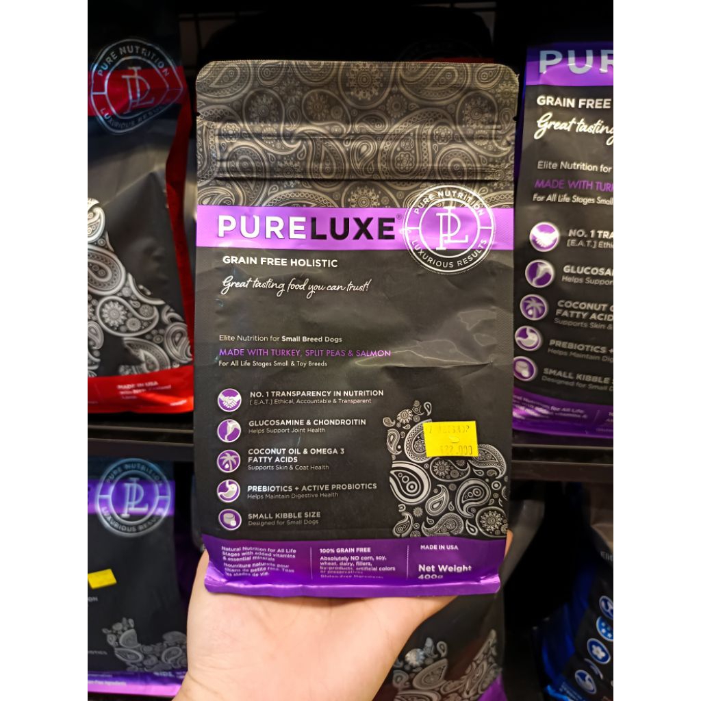 pureluxe adult small breed dogfood with turkey & salmon 400 gram